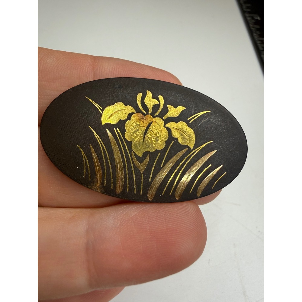 Black Gold Tone Floral Iris Damascene Style Oval Brooch Pin